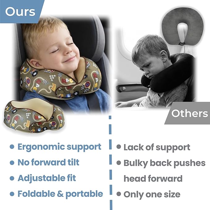 SKYTRAX® Certified Kids Safe Memory Foam Travel Neck Pillow for Kids and Toddlers, Cute Cartoon Design, Car Seat & Airplane Head Neck Support, Adjustable Snap Button, Washable Soft Cover (Racecar)