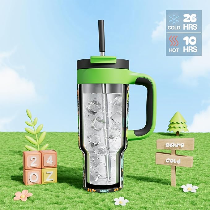24 oz Kids Tumbler with Straw for Boys: Leakproof, Cold for 26 Hrs, Hot for 10 Hrs, Durable Handle, Insulated Stainless Steel Cup for Daycare, School, Classroom, Playtime, Birthday, Gift (Dino Rawr）