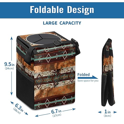 Teal Western Cow Print Car Trash Can with Lid Collapsible Reusable Waterproof Car Garage Bag,Automotive Garbage Can,Car Accessories Interior Car Organizer