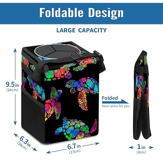 Colorful Sea Turtle Animal Car Trash Can with Lid Collapsible Reusable Waterproof Automotive Garbage Can,Car Organizer