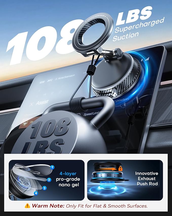 Car Phone Holder for Magsafe Car Mount [108+LBS Strongest Suction & 3000gf Magnetic] Vacuum Magnetic Phone Holders for Your Car 360° Adjustable Carbon Fiber Car Phone Mount for iPhone & Android Grey