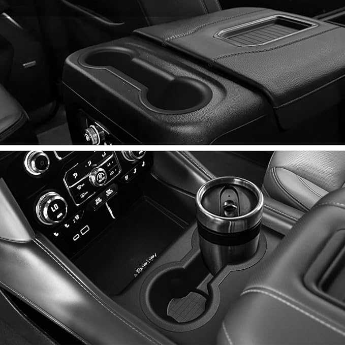 Muslogy Center Console Front&Rear Cup Holder Inserts Compatible with 2021-2023 2024 GMC Yukon Chevy Tahoe Suburban Accessories Middle Console Silicone Organizer Non-Slip Drink Stopper 2PCS Set
