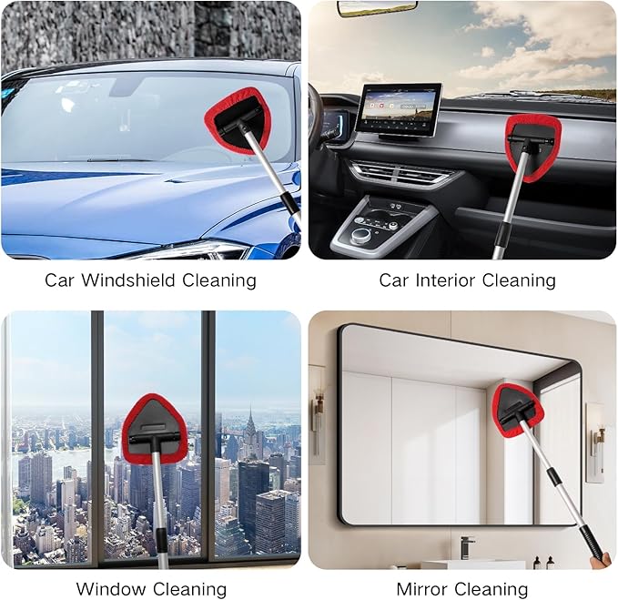 10pcs Windshield Cleaning Tool Inside Car Window Cleaner Wash Kit with 4 Reusable Microfiber Pads 1 Spray Bottle and Extendable Handle Interior Auto Glass Wiper Kit, Red