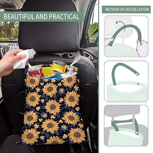 Cute Car Trash Can, Hanging Canvas Car Back Seat Organizer and Storage Bag, Funny Car Trash Bag For Travelling, Outdoor Cute Yellow Sunflowers