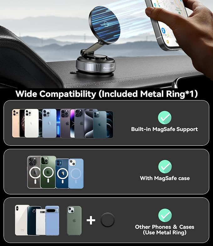 Vacuum Magnetic Phone Holder, 360° Adjustable Magnetic Car Phone Holder, 2025 Upgraded Magsafe Suction Cup Phone Mount for Your Car/Gym/Mirror Mount for iPhone & Android