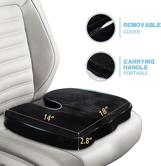 Wheelchair Seat Cushion with Memory Foam - Relieves Sciatica, Back & Tailbone Pain, Pressure Relief Design for Comfort & Posture Support, Non-Slip Bottom, 18"x14"x2.8" (Black)