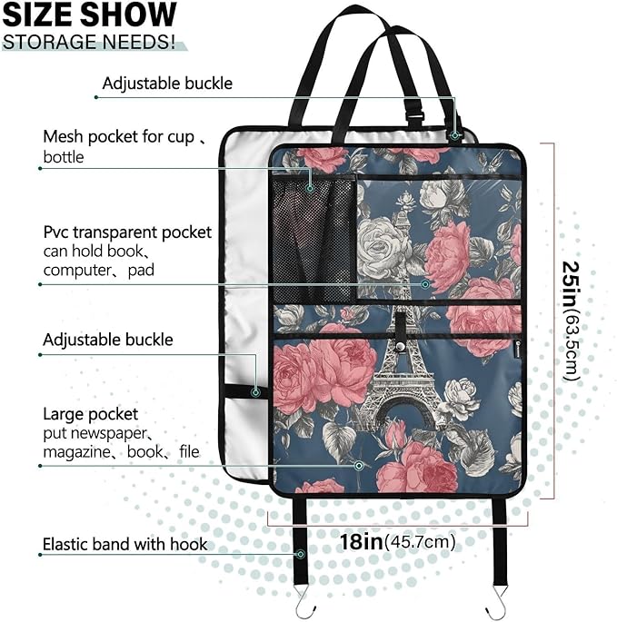 1 Pack Back Seat Car Organizer with Storage Pockets Kick Mats Back Seat Protector Hanging Car Organizer Automotive Seat Back Cover Organizers Blue French Eiffel Tower and Roses