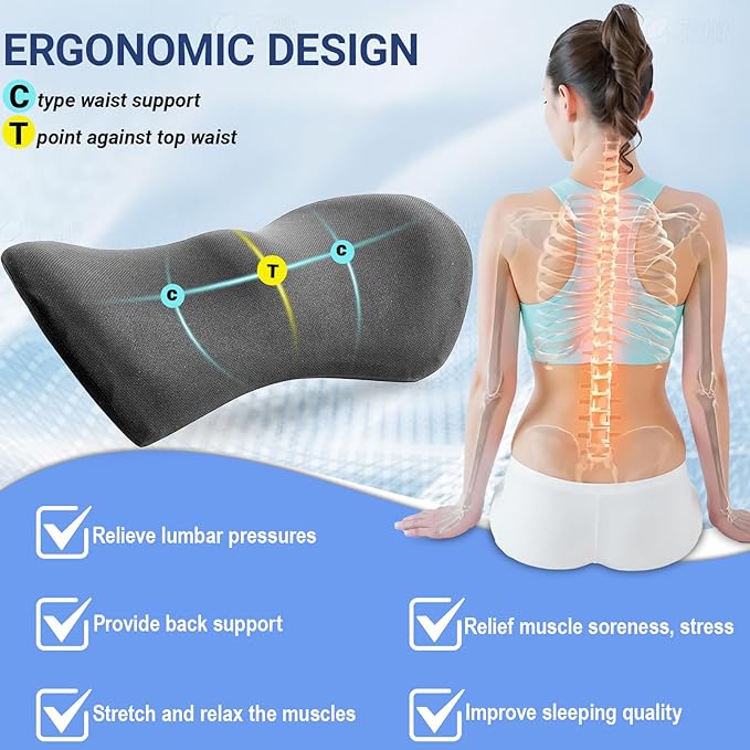 Lumbar Pillow with Adjustable Strap, Memory Foam Lumbar Support Pillow for Office Chair and Car Seat, Back Pillow for Lower Back, Back Support Pillow for Sitting, Driving, Traveling