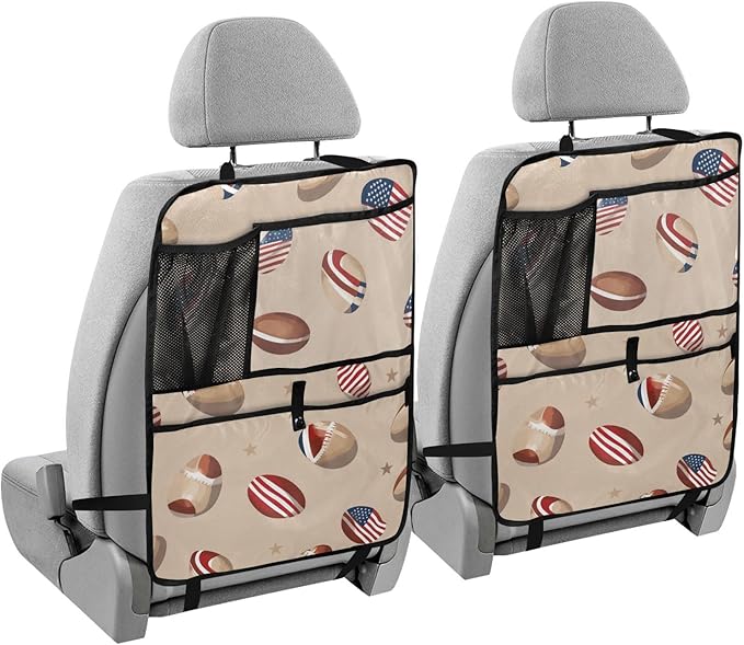 Brown Football and Flag 2 Pack Backseat Car Organizer with Storage Pockets Seat Back Organizers for Kids Kick Mats Backseat Protector Automotive