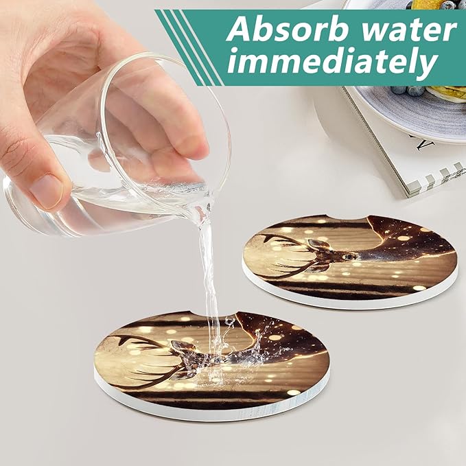 2 Pack Car Cup Holder Coasters - Forest Deer Absorbent Ceramic Coaster, Wild Life Car Coasters for Cup Holders, Car Interior Accessories for Women Men