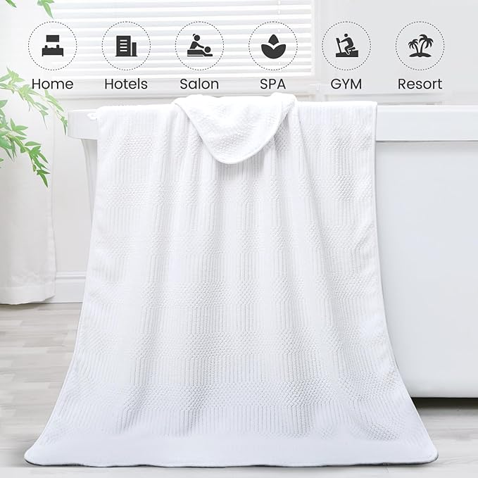 JML Bath Towels Set, Large Microfiber Body Towel for Adult, 2 Pack, 30" x 60", Oversized, Soft, Super Absorbent, Fast Drying, Use for Sport, Fitness, Yoga, Fleece Diamond Cross Grid White