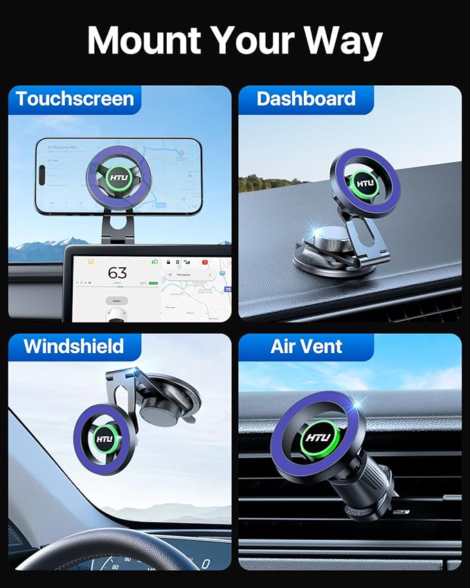 HTU 2026 Upgraded Car Phone Holder for Magsafe Magnetic Car Phone Mount [360° Adjustable 99LBS Ultra Suction] Cell Phone Holders for Tesla Cars/Gym/Mirror Mount for iPhone & Android (Dark Blue)