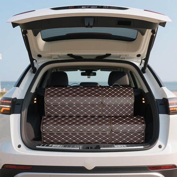 Ergocar Car Trunk Organizer Luxury Foldable Car Boot Tidy Storage Box Waterproof PU Car Boot Storage Organiser for Car/SUV/Truck/Auto (Brown-M)