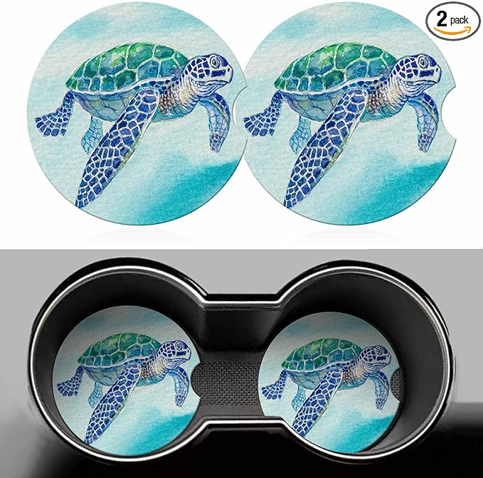 Sea Turtle Car Coasters for Cup Holders Ocean Wildlife Animals Car Cup Holder Coasters 2 Pack for Car, Anti Slip Ceramic Car Cup Mat with Finger Notch Cute Car Interior Accessories for Women Men