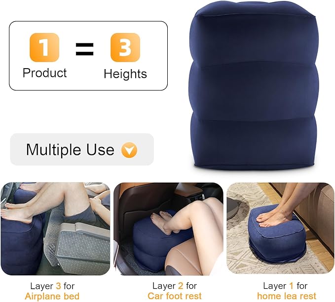 Inflatable Travel Foot Rest Pillow, Kids Airplane Bed, Adjustable Height Leg Pillow for Air Travel, Make a Flat Bed for Kids and Toddlers, Great for Airplane, Train, car（Blue, 1 Pack）