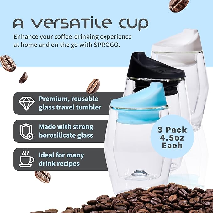 To-Go Espresso Glass Travel Mug with Lid, Reusable Double Wall Glass Tumbler, Fits Most Coffee Makers/Cupholders for Your Car, Gifts for Coffee Lovers 3-Pack Black, White & Blue Cortado Cups