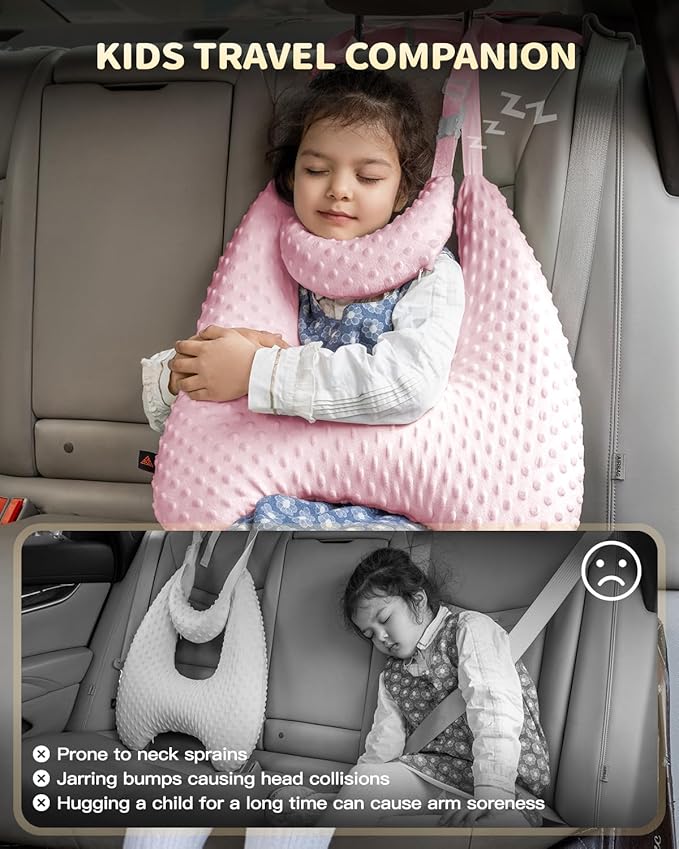 Memory Foam Kids Travel Pillow, Car Pillow for Kids, H-Shape Car Pillows for Sleeping, Removable Pillowcase, Adjustable, Velvet Dots, Pink