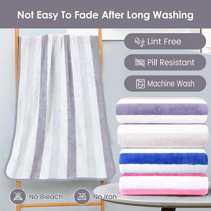 JML Bath Towels, Pack of 4, 30"x60", Large Microfiber Towel Set, Ultra Soft, Super Absorbent, Fast Drying, Perfect for Suana, Shower, Pool, Sport, Travel, Fitness, SPA,Yoga, Cabana Stripe Grey