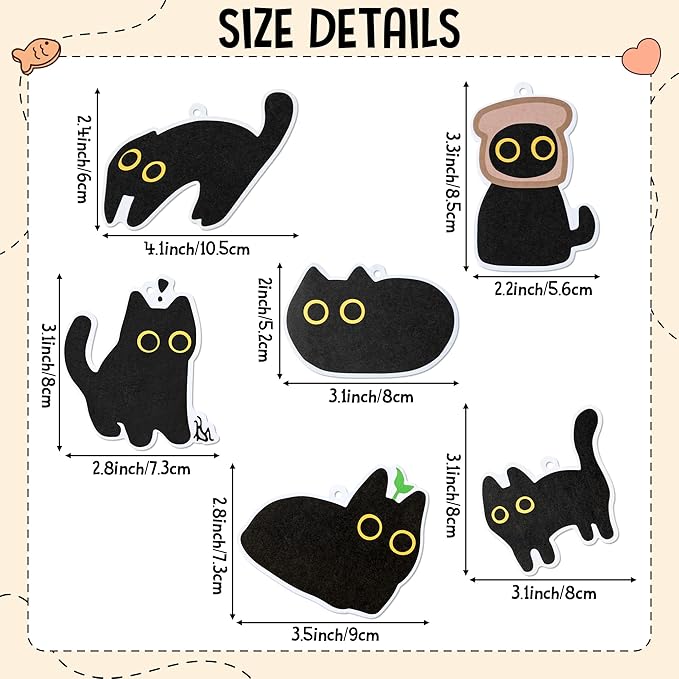 Car Air Fresheners Set - 6Pcs Cute Black Cat Freshener Hanging Ornaments Refresh Air Fragrant Pendant Essential Gift For Car Accessories Decoration Interior Home Household Long-Lasting Scent