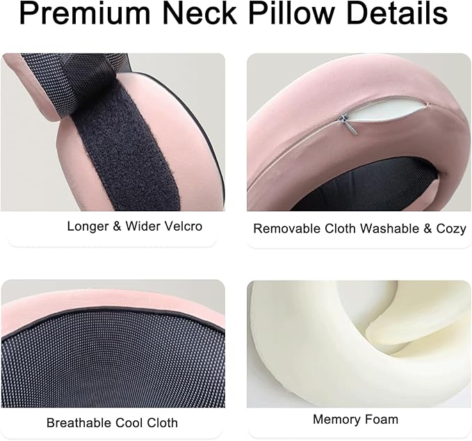 Neck Pillow for Traveling, Travel Neck Pillow for Airplanes, 100% Pure Memory Foam, 360° Support Stowable Pillows for Sleeping, Breathable & Washable Cover, Compact for Travel, Car & Office (Pink)