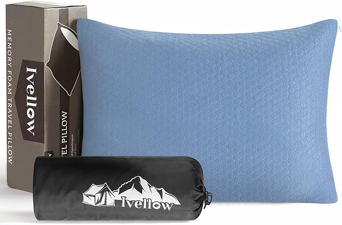 Ivellow Memory Foam Travel Pillow Compressible Camping Pillow for Sleeping Shredded Memory Foam Pillow Compact Firm Supportive Travel Pillow for Adults Kids Outdoor Hiking Essential Gear Blue-M