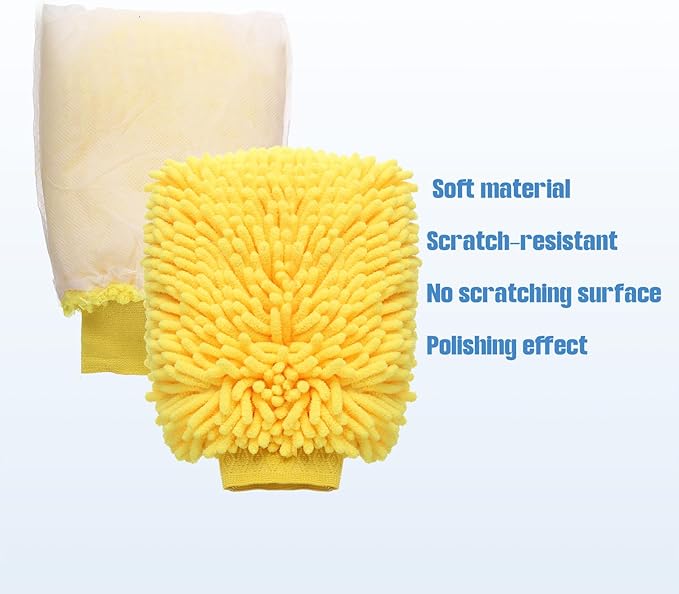 HARFINGTON Chenille Microfiber Car Wash Mitts 9" x 5.5" Scratch Free Wash Gloves Absorbent Double Sided Plush Cleaning Drying Mitts for Car Washing Home Clean Yellow