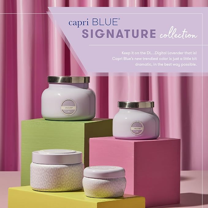 Capri Blue Volcano Printed Travel Tin Jar Candle - Luxury Candle with a Long Lasting Soy Wax Blend - Scented with Tropical & Fruity Fragrance (Lavender Color, 8.5 oz)
