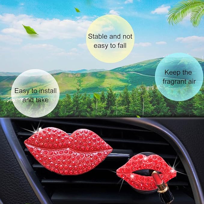 ZOSTLAND Rhinestone Car Decorative Clip,Car Air Fresheners, Lipstick Car Vent Clip,Personalized Automotive Interior Decoration Accessories,Car Decor Gift for women,Girl (2pcs Red Lip)