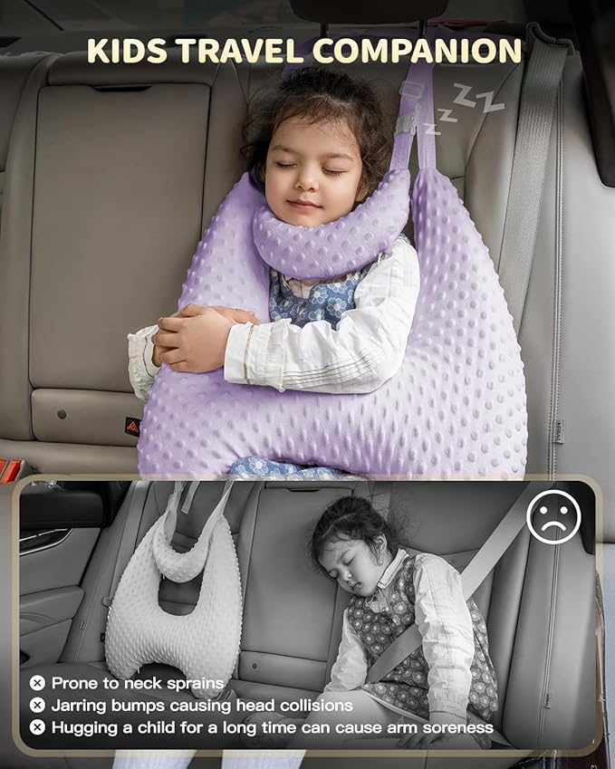 Memory Foam Kids Travel Pillow, Car Pillow for Kids, H-Shape Car Pillows for Sleeping, Removable Pillowcase, Adjustable, Velvet Dots, Purple