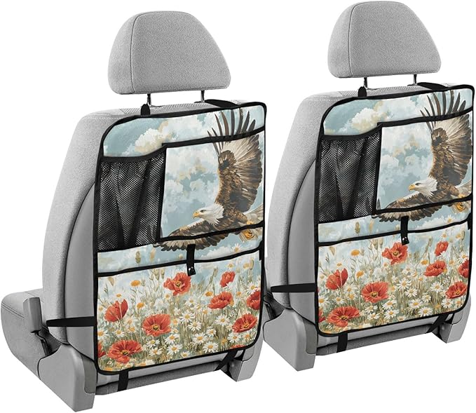Blue Eagle Poppy and Daisy Flowers 1 Pack Backseat Car Organizer with Storage Pockets Seat Back Organizers for Kids Kick Mats Backseat Protector Automotive