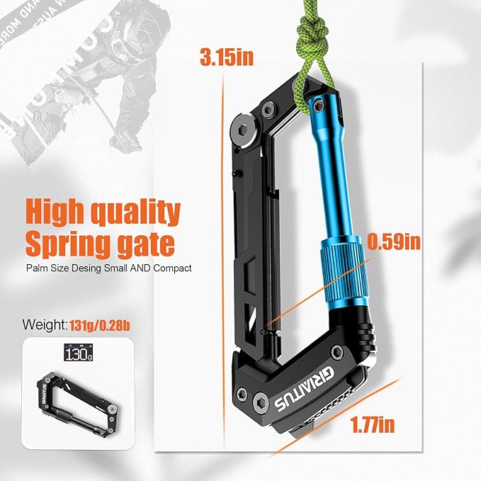 Carabiner Multitool with Pocket Knives, EDC Carabiners, Serrated Knife, Rope Cutter, Screwdriver, Can Bottle Opener, Ruler, Folding Knife for Camping Hiking, Stocking Stuffers Gifts for Men (Blue)
