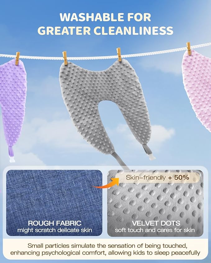 Memory Foam Kids Travel Pillow, Car Pillow for Kids, H-Shape Car Pillows for Sleeping, Removable Pillowcase, Adjustable, Velvet Dots, Grey