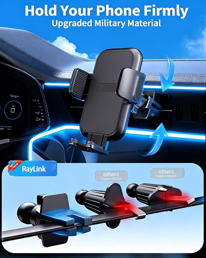 RayLink NO.1 Best Phone Holders for Your Car Ultimate Military-Grade Windshield Dashboard Vent【Upgraded Suction & Clip】 Cell Phone Mount with Patent & Safety Certs for iPhone 17 Pro Max 16 15 Samsung