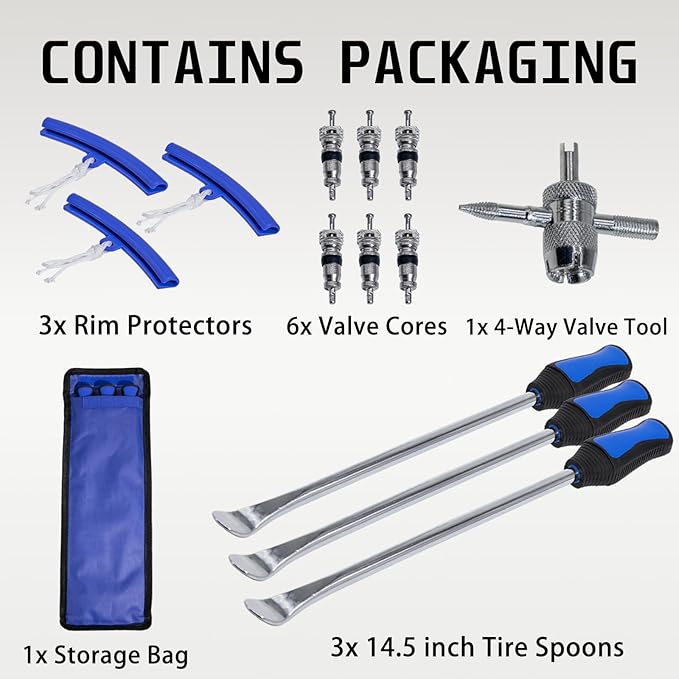 Y.A. LOTUS Tire Spoons 14.5IN, Steel Tire Changing Kit for Motorcycle Dirt Bike Lawn Tractor Bicycle and More, Include 3 Tire Removal Tool, 3 Rim Protector, 1 Valve Tool, 6 Valve Cores