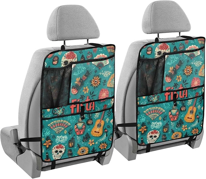 1 Pack Back Seat Car Organizer with Storage Pockets Kick Mats Back Seat Protector Hanging Car Organizer Automotive Seat Back Cover Organizers Fiesta Mexican Green Skulls Guitars Flowers