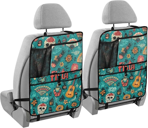 1 Pack Back Seat Car Organizer with Storage Pockets Kick Mats Back Seat Protector Hanging Car Organizer Automotive Seat Back Cover Organizers Fiesta Mexican Green Skulls Guitars Flowers