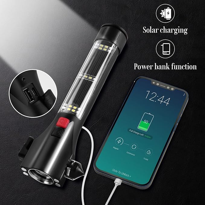 Solar Powered Car Safety Hammer Flashlight with Seatbelt Cutter, LED High Lumens, Red and Blue SOS Flashing, USB Charging, Magnetic Attraction, Portable Design