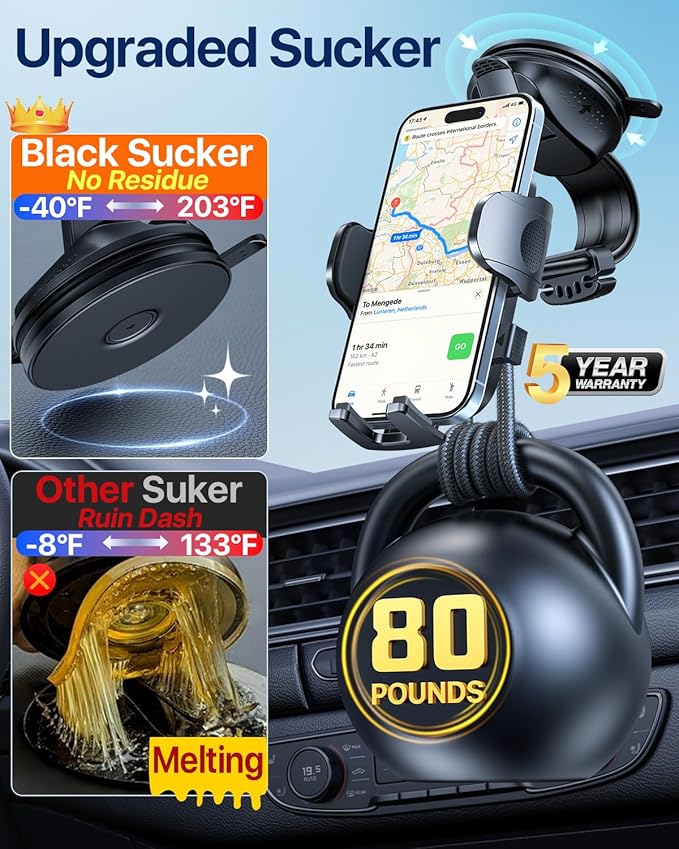 HTU【Upgraded Strongest Suction Car Phone Holder【Bendable Arm, Never Block View】 Rotatable Cellphone Mount for Dashboard Windshield Vent,Cradle Stand for iPhone 17 16 15 14 13 12 Pro Max, Light Gray