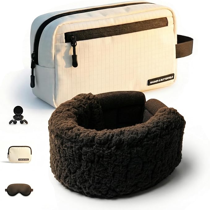 Slim Travel Neck Pillow for Long Flights, 360° Memory Foam Support Travel Neck Pillow with Premium Airplane Comfort Essentials 5pc Set, Best for Sleeping on Airplanes, Cars, Trains | Compact Bag