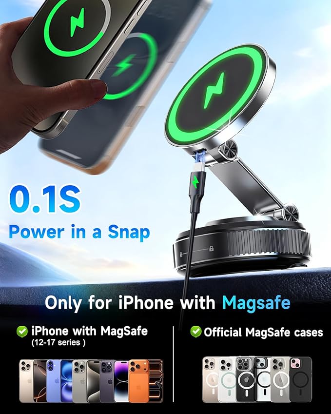 for MagSafe Car Mount Charger, 15W Fast Charging Magnetic Wireless Car Charger, Vacuum Magnetic Phone Holder [120LBS Ultra Suction Cup & 3000gf Magnet ] 780° Dashboard Car Bracket for iPhone & Android