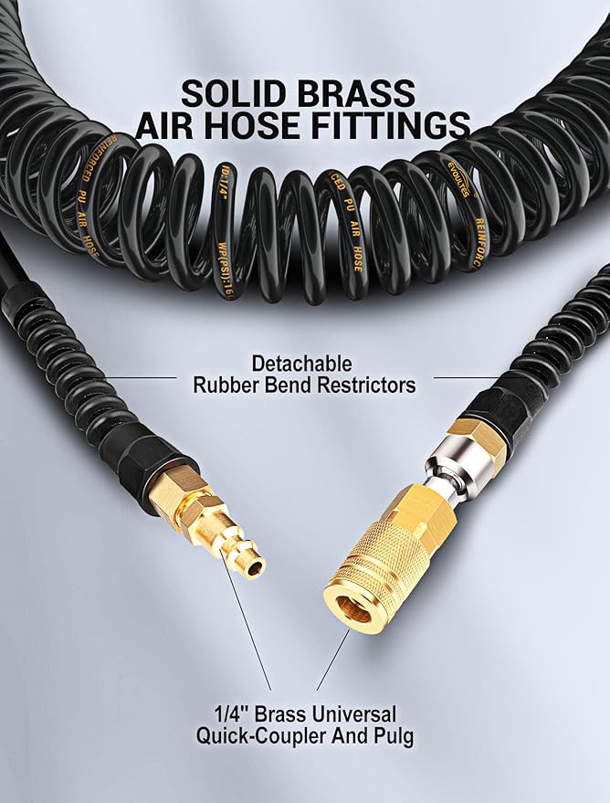 1/4 In x 28 Ft Polyurethane Recoil Air Hose, Upgraded Air Compressor Hose with Repairable Bend Restrictor, Air Hose kit w/ 360° Swivel 1/4" NPT Coupler & Brass Quick Connect Air Fittings