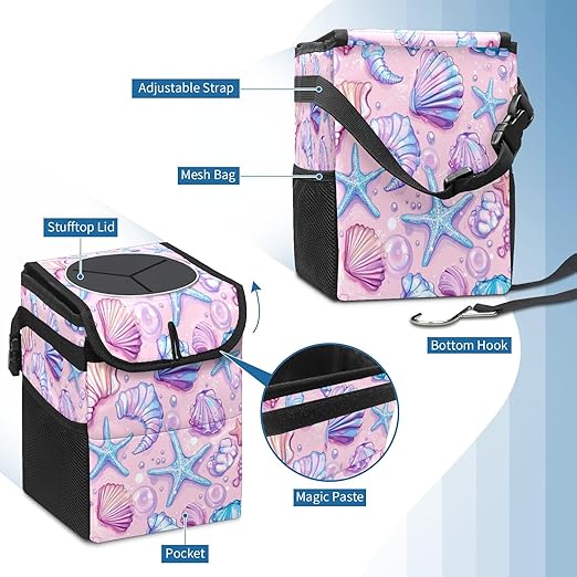 Car Trash Can with Lid, Small Portable Hanging Automotive Garbage Bin for Vehicles, Leakproof Waste Bag Container for SUV Truck Van Interior Auto Travel Road Trips(Starfish)
