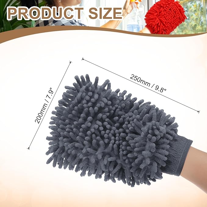 HARFINGTON 2pcs Chenille Microfiber Car Wash Mitts 9.8" x 7.9" Scratch Free Wash Gloves Absorbent Double Sided Plush Cleaning Drying Mitts for Car Washing Home Gray