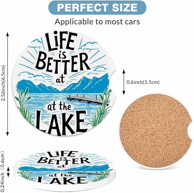 Life is Better at The Lake Car Coasters for Cup Holders Car Cup Holder Coasters 2 Pack for Car, Anti Slip Ceramic Car Cup Mat with Finger Notch Cute Car Interior Accessories for Women Men