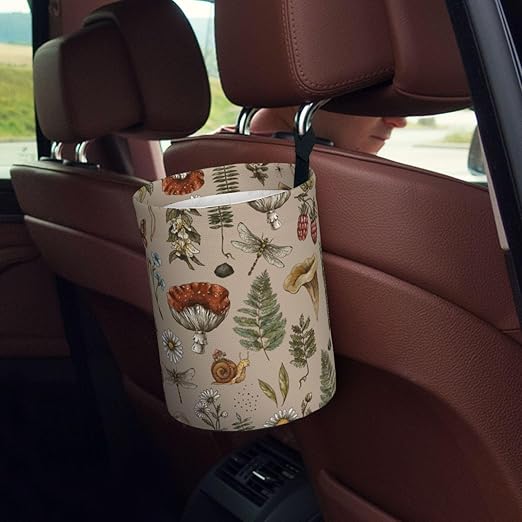 Car Trash Bag Vintage Mushroom Forest Plants Waterproof Trash Small Car Can Portable Collapsible Car Garbage Can Hanging for Back Seat Floor or Hanging Headrest Car Decor Road Trip Essentials