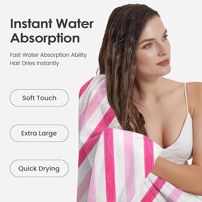 JML Microfiber Bath Towels Set of 4, Large Bathroom Towel for Adult, 30" x 60", Soft, Super Absorbent & Fast Drying, Use for Shower, Sauna, Sport, Fitness, Yoga, Cabana Stripe Pink