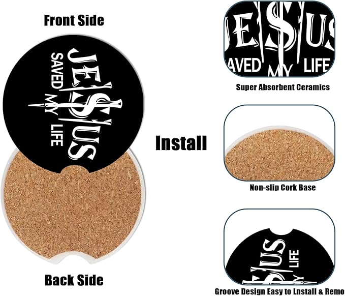 Christian Religion Cup Holders Car Coasters - Jesus Saved My Life Absorbent Ceramic Coaster, Drink Cup Holder Coasters, Auto Accessories for Women & Men, Pack of 2