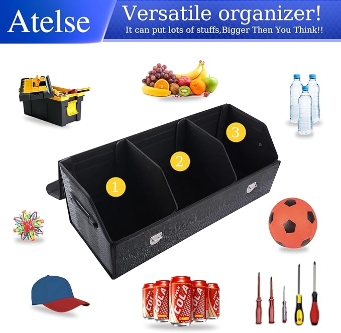 Trunk Organizer for Car, SUV Trunk Organizer Leather Storage, Cargo Box-Automotive Consoles Organizers-Multi-Compartment Adjustable Auto Grocery Home Storage Box