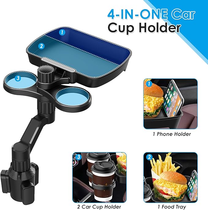 Biupky Car Cup Holder Expander, 4-in-1 Universal Cup Holder Tray Compatible with 2.6" to 3.94", Multi Cup Holders Table with Large Food Tray Phone Mount, for Travel Auto Trucker Road Trip Essentials