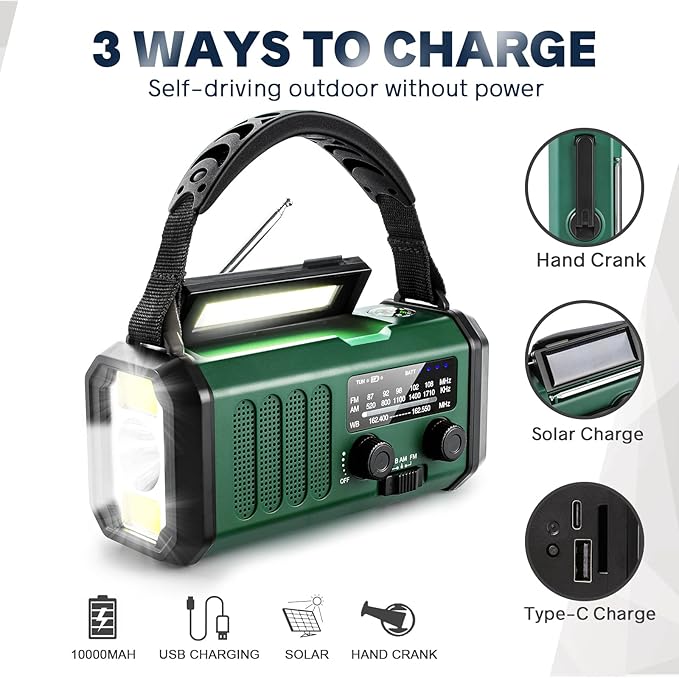 10000mAh Hand Crank Emergency Radio, NOAA Weather Radio with AM/FM Solar Radio, Rechargeable Battery, Flashlight & Reading Light, SOS Cell Phone Charger for Valentines Day Gifts Outdoor Emergencies